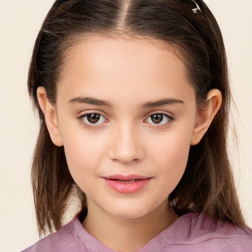 Joyful white child female with medium  brown hair and brown eyes