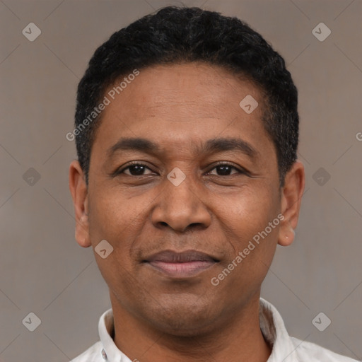 Joyful latino adult male with short  black hair and brown eyes