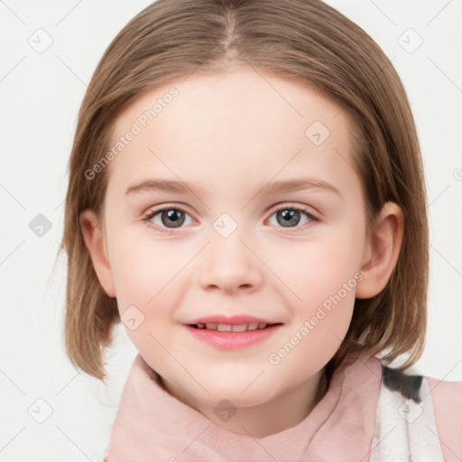 Joyful white child female with medium  brown hair and blue eyes