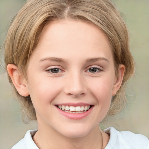 Joyful white child female with medium  brown hair and brown eyes