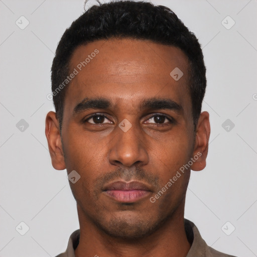 Neutral latino young-adult male with short  black hair and brown eyes