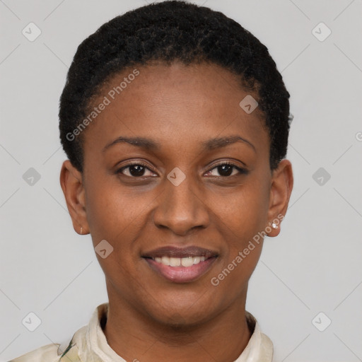 Joyful black young-adult female with short  brown hair and brown eyes