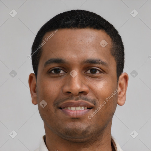 Neutral latino young-adult male with short  black hair and brown eyes