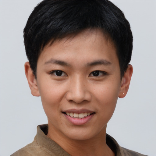 Joyful asian young-adult female with short  black hair and brown eyes