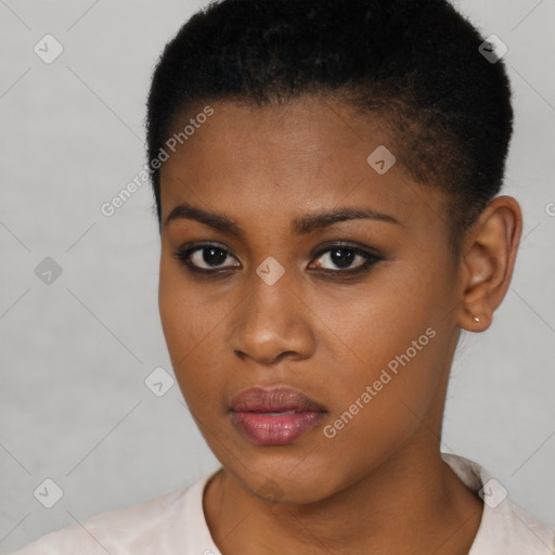 Neutral black young-adult female with short  black hair and brown eyes