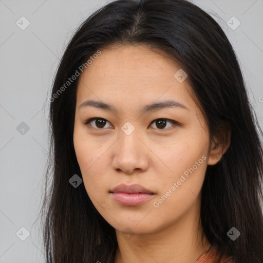 Neutral asian young-adult female with long  brown hair and brown eyes