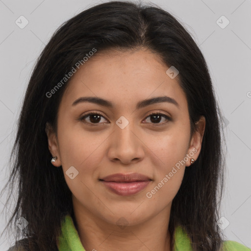 Joyful latino young-adult female with medium  brown hair and brown eyes