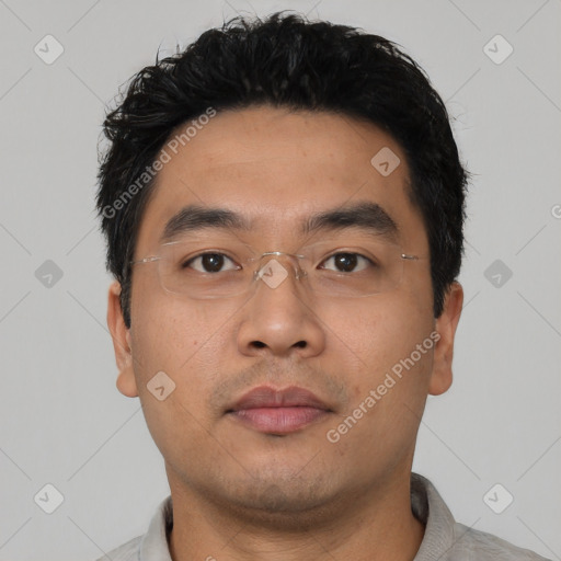 Neutral asian young-adult male with short  black hair and brown eyes