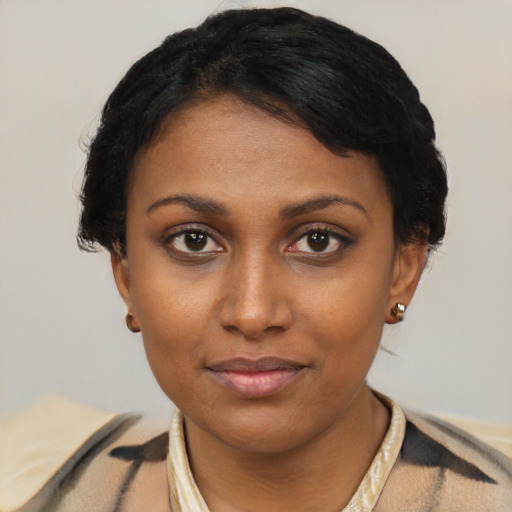 Joyful black young-adult female with short  black hair and brown eyes
