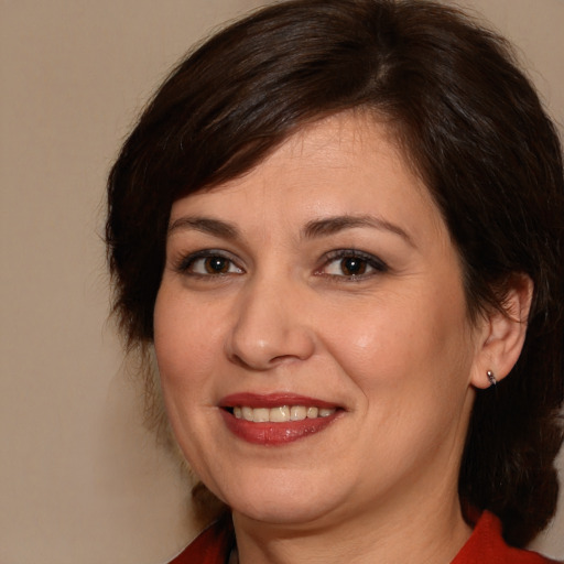 Joyful white adult female with medium  brown hair and brown eyes