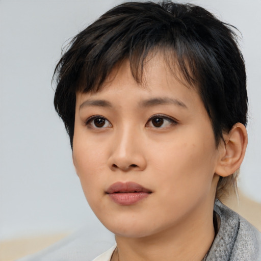 Neutral asian young-adult female with short  brown hair and brown eyes