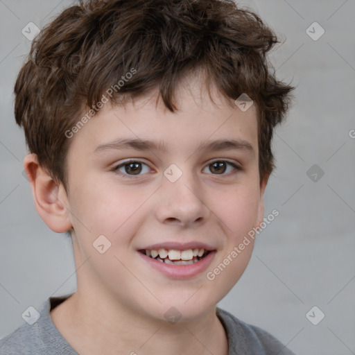 Joyful white child male with short  brown hair and brown eyes