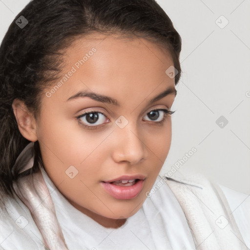 Neutral white young-adult female with medium  brown hair and brown eyes