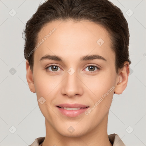 Joyful white young-adult female with short  brown hair and brown eyes