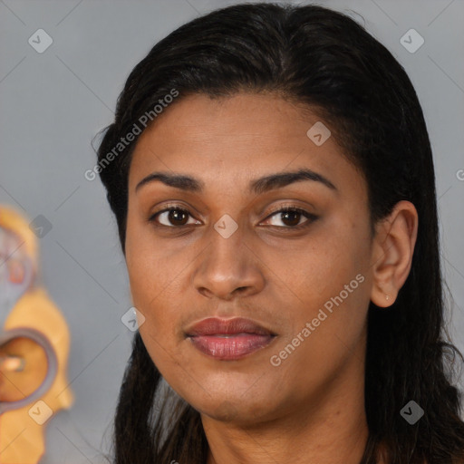 Joyful latino young-adult female with long  brown hair and brown eyes