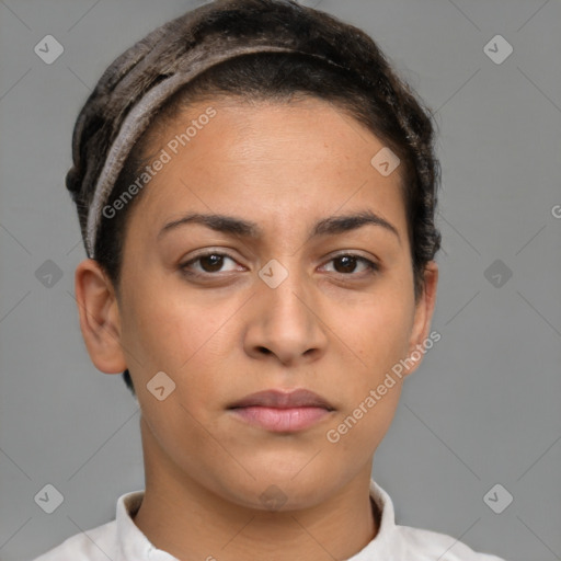 Neutral white young-adult female with short  brown hair and brown eyes