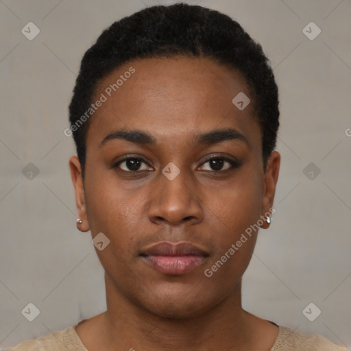 Neutral black young-adult female with short  brown hair and brown eyes