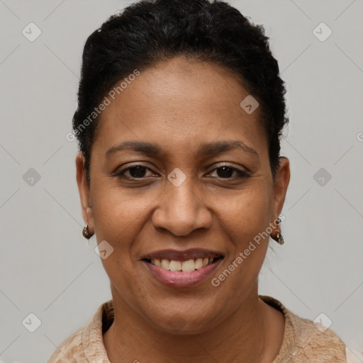 Joyful latino young-adult female with short  brown hair and brown eyes