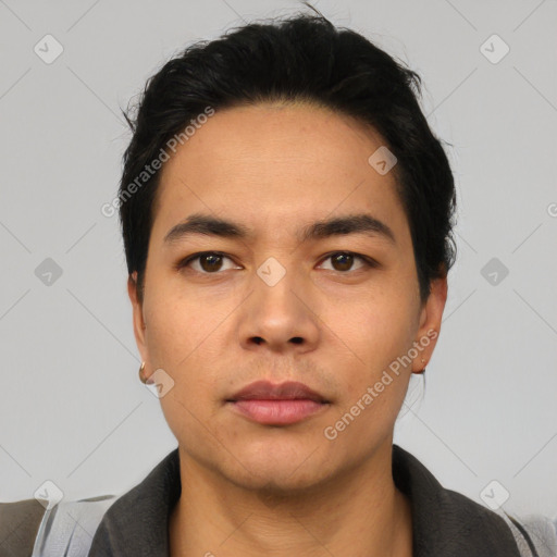 Neutral asian young-adult male with short  black hair and brown eyes