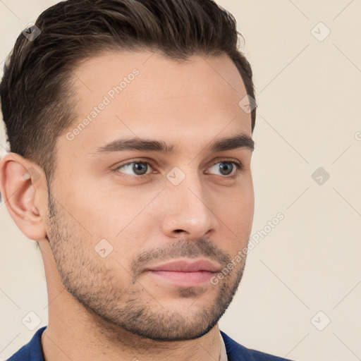 Neutral white young-adult male with short  brown hair and brown eyes