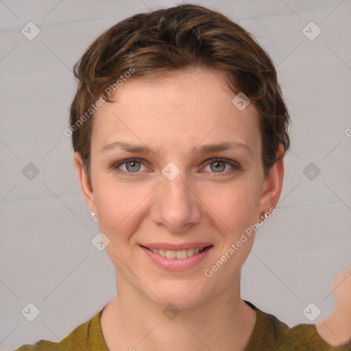 Joyful white young-adult female with short  brown hair and grey eyes