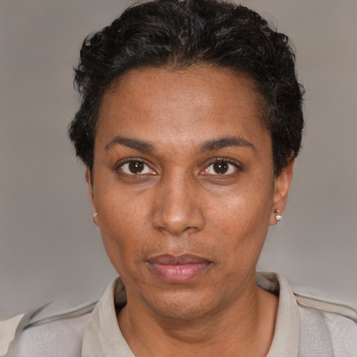 Neutral black adult female with short  black hair and brown eyes