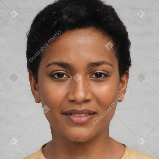 Joyful black young-adult female with short  black hair and brown eyes