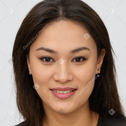 Joyful white young-adult female with long  brown hair and brown eyes