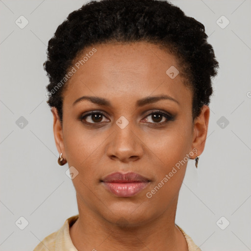 Joyful black young-adult female with short  brown hair and brown eyes