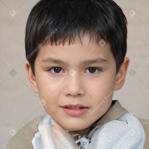 Joyful white child male with short  brown hair and brown eyes