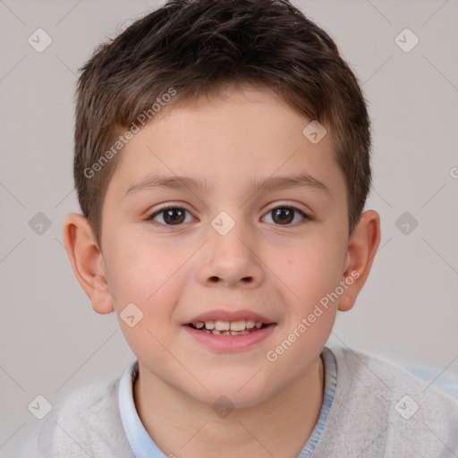 Joyful white child male with short  brown hair and brown eyes