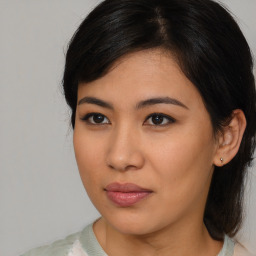 Neutral asian young-adult female with medium  brown hair and brown eyes