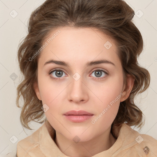 Neutral white young-adult female with medium  brown hair and green eyes