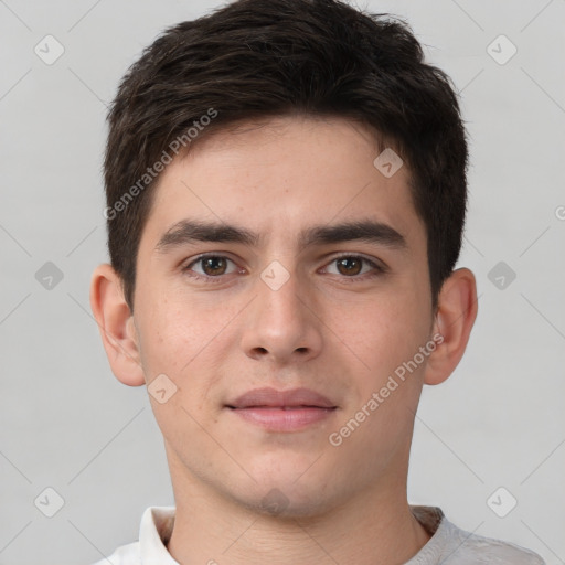 Neutral white young-adult male with short  brown hair and brown eyes