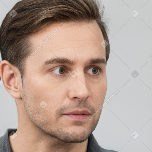 Neutral white young-adult male with short  brown hair and brown eyes