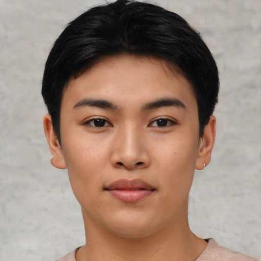 Neutral asian young-adult female with short  black hair and brown eyes
