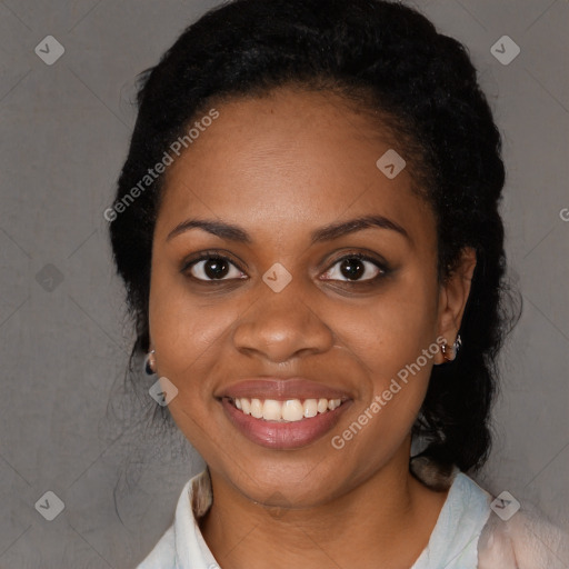 Joyful black young-adult female with medium  black hair and brown eyes