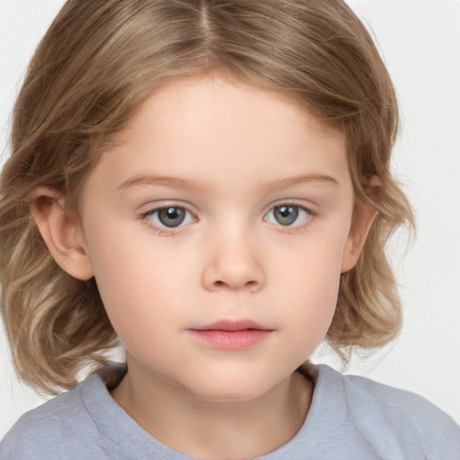 Neutral white child female with medium  brown hair and grey eyes