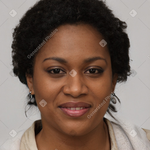 Joyful black young-adult female with long  brown hair and brown eyes