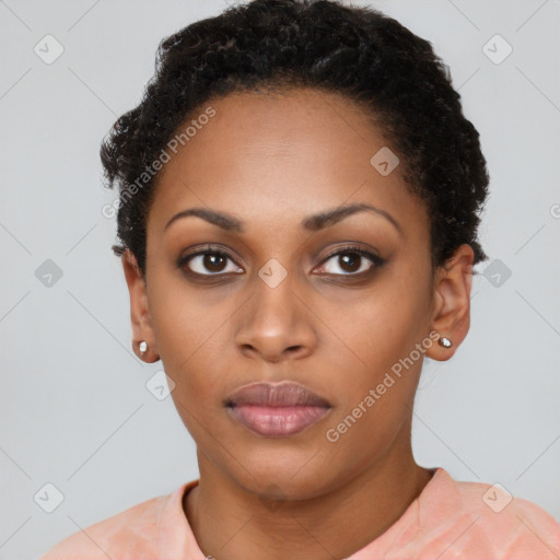 Neutral black young-adult female with short  black hair and brown eyes