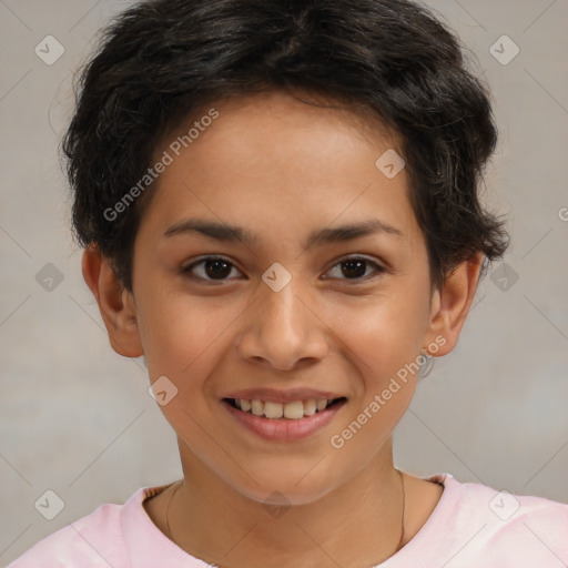 Joyful white child female with short  brown hair and brown eyes