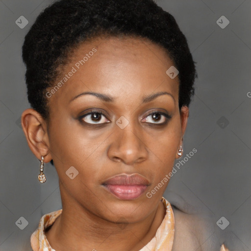 Neutral black young-adult female with short  black hair and brown eyes