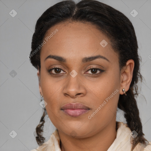 Joyful latino young-adult female with medium  brown hair and brown eyes