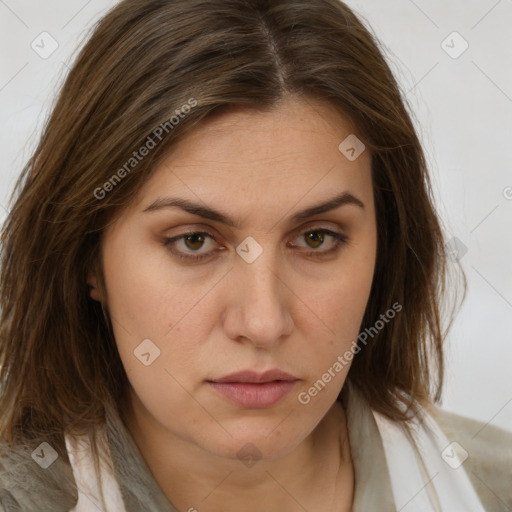 Neutral white young-adult female with medium  brown hair and brown eyes