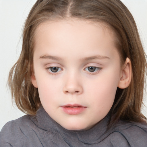 Neutral white child female with medium  brown hair and grey eyes