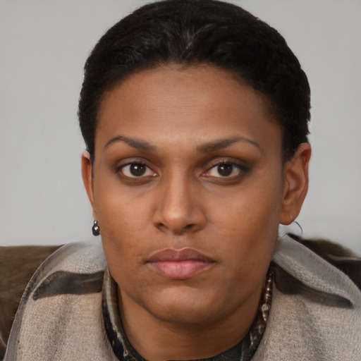 Neutral black young-adult female with short  black hair and brown eyes