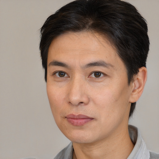 Neutral asian adult male with short  brown hair and brown eyes