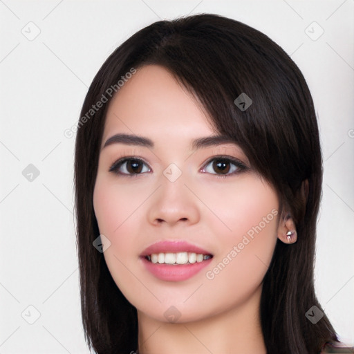 Joyful white young-adult female with long  black hair and brown eyes