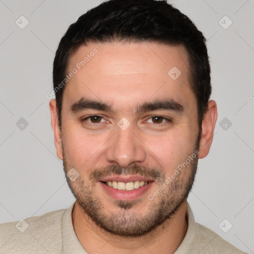 Joyful white young-adult male with short  brown hair and brown eyes