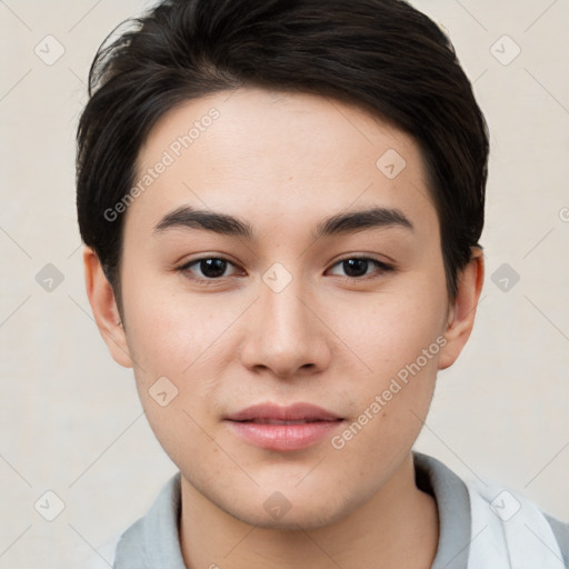 Joyful white young-adult female with short  brown hair and brown eyes